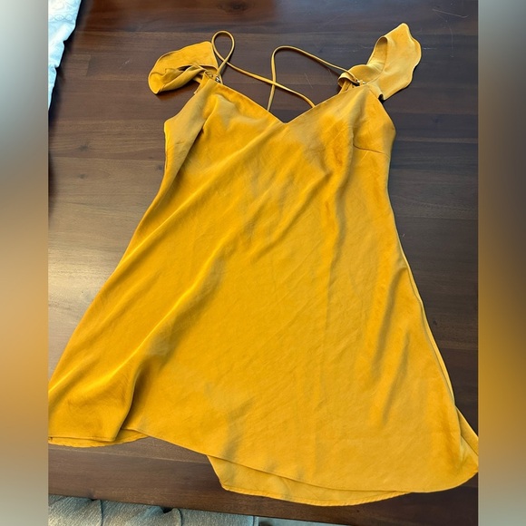 FREE PEOPLE What I Want Golden Yellow Satin Off-the-Shoulder Slip Dress (D10) - Picture 2 of 9